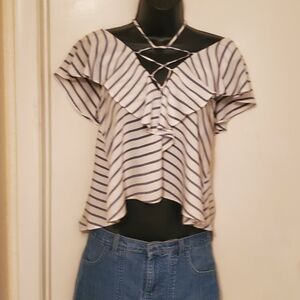 Giani Bernini Navy and White Striped Ruffle Top